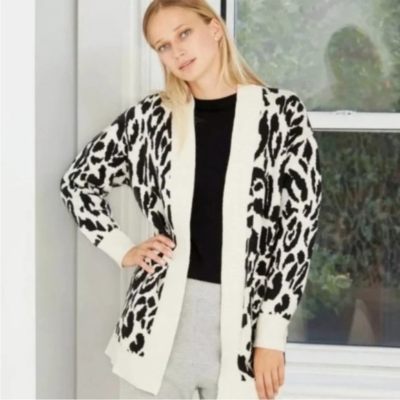 Who What Wear Leopard Print Chunky Open Cardigan Cream Black Size L - Picture 1 of 10